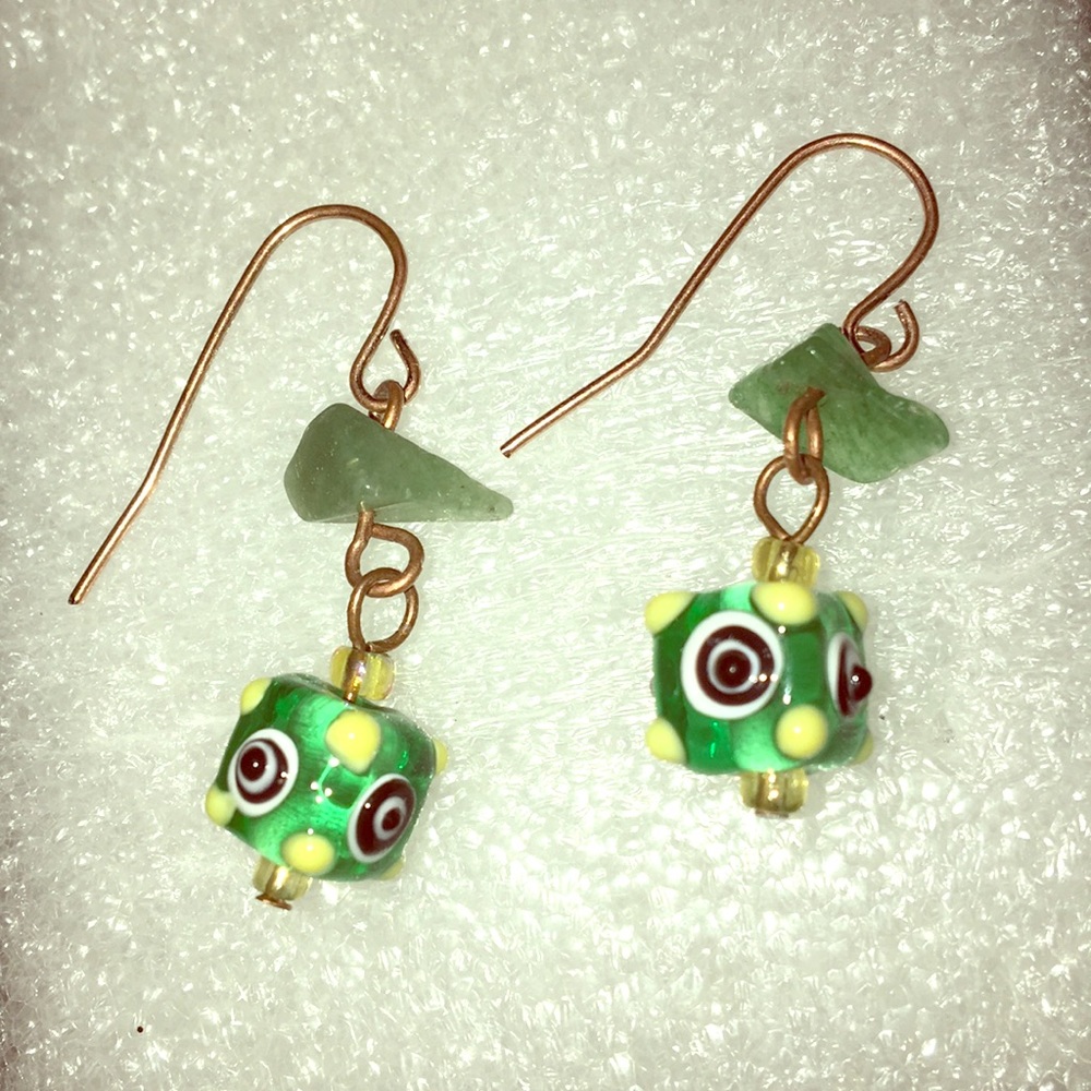 Vintage glass jade handmade copper wire boho pierced earrings one of a kind
